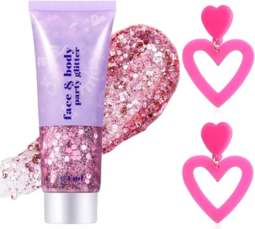 Go Ho Gel de purpurina corporal rosa y 2 aretes de corazón para mujer, brillantes holográficos y lentejuelas gruesas con purpurina y aretes de