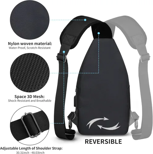 Miniatura 4 de AMJ Bolso cruzado tipo bandolera para hombres y mujeres, mochila de hombro casual, mochila de pecho tipo morral para senderismo y viajes Negro