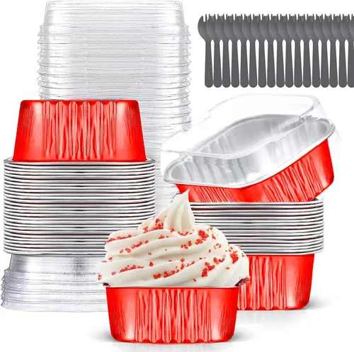 Miniatura 8 de Findful - Juego de 40 moldes cuadrados de papel de aluminio para cupcakes de 10 oz con tapas, moldes para brownies, moldes desechables grandes