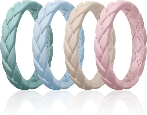 Miniatura 95 de Egnaro Anillos de boda de silicona para ella, conjuntos de novia de goma para mujer, bandas finas, diseño trenzado de hojas apilables con ranuras