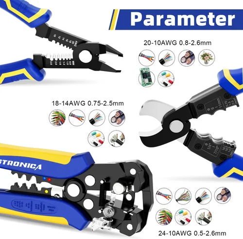 Miniatura 2 de haisstronica Juego de herramientas pelacables para electricista profesional, 10-24AWG, paquete de 3 pelacables autoajustables y cortador de estaño