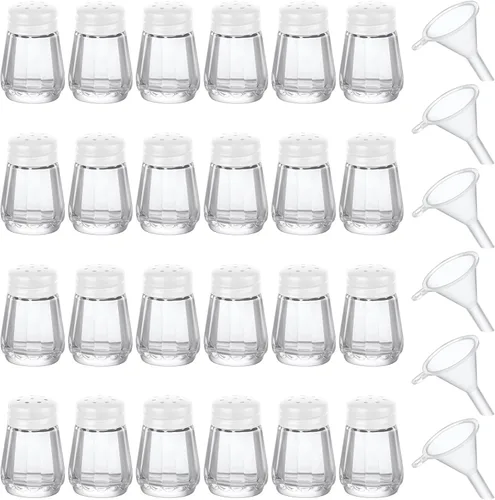 Miniatura 9 de Potchen 12 piezas saleros y pimenteros mini en forma de cubo a granel de 0.5 onzas pequeños de vidrio para especias con mini embudos de plástico