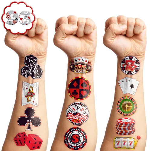96 piezas de divertidos tatuajes temporales precortados de casino para niños, decoración de fiesta de cumpleaños, suministros de decoración, lindas