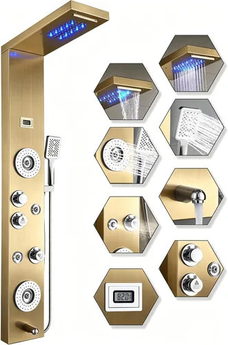 Miniatura 13 de Sistema de panel de ducha de acero inoxidable tipo torre de Ello&Allo, cabezal de LED, modo cascada o lluvia; sistema de hidromasaje con chorros
