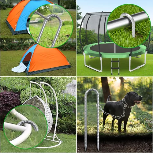 Miniatura 6 de Estacas de viento para trampolín de 16 pulgadas, 3/8 pulgadas de diámetro, resistentes en forma de U, estacas de valla para suelo, kit de anclaje