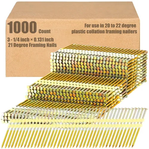 Miniatura 12 de Pasimy 1000 por caja 3-1/2 x 0.131 Pulgadas Clavos de marco de cabeza redonda completa de 21 grados con vástago liso en plástico engarzado