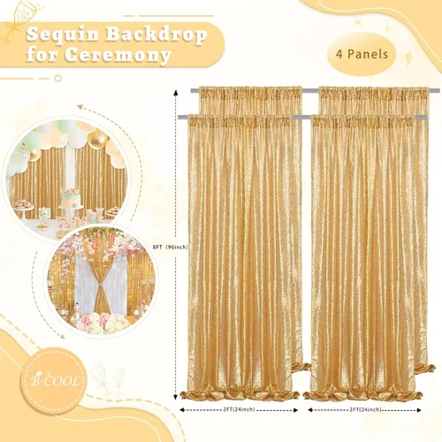 Miniatura 5 de B-COOL Cortinas de fondo de lentejuelas doradas, 4 paneles de 2 x 8 pies, cortinas brillantes de tela brillante con purpurina para fondo, boda