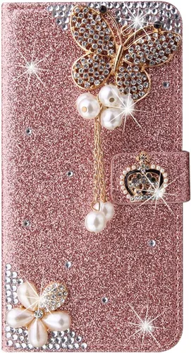 Miniatura 8 de XYX Funda tipo cartera para Samsung Galaxy A32 5G, Bling Glitter Crown Butterfly Diamond Flip Card Slot Luxury Girl Women Phone Cover - Negro