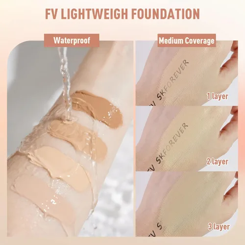Miniatura 5 de FV Paquete de 2 bases de maquillaje líquidas, impermeables y ligeras, acabado natural con cobertura media, base hidratante para piel seca y normal
