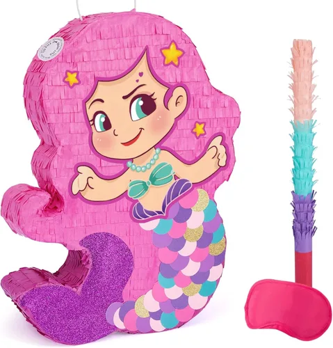 Miniatura 30 de WERNNSAI - Piñata de sirena plegable, piñata de cumpleaños con flecos que incluye cuerda para jalar, venda y bate. Decoraciones