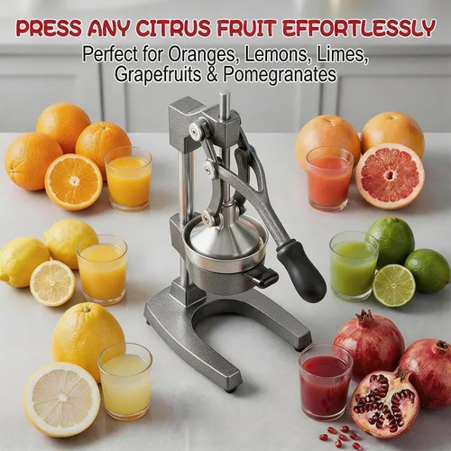 Miniatura 7 de Exprimidor manual de cítricos de hierro fundido, exprimidor manual de naranja con taza y colador de acero inoxidable 304, prensa de granada de Gris