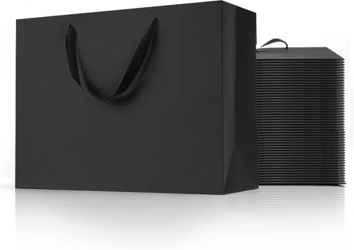 Miniatura 15 de MOXARYSU Bolsas de regalo negras con asas: 8 x 5 x 10 pulgadas, 30 bolsas de papel negras medianas a granel para fiestas, compras, cumpleaños, bodas
