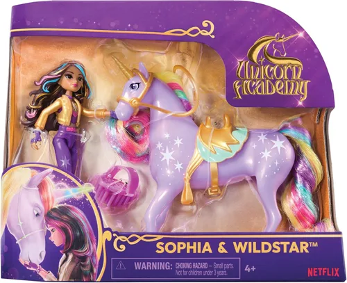 Unicorn Academy Juego de jinete y unicornio – Aprox. 4.7 in, la popular serie Netflix, con 2 accesorios y pincel para juegos de rol creativos, para