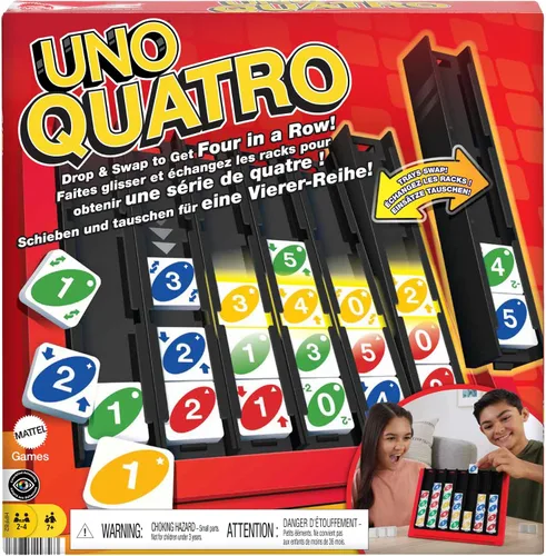 Mattel Games UNO Quatro - Juego con fichas de colores y cuadrícula de plástico para adultos, familia y fiestas, de 2 a 4 jugadores a partir de 7 años