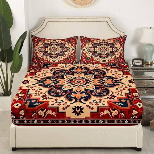Miniatura 3 de Erosebridal Juego de sábanas y fundas de almohada vintage con estampado floral oriental para niños pequeños, juego de sábanas de medallón persa