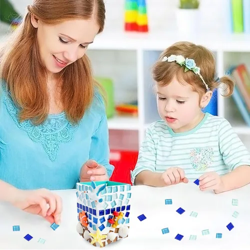 Miniatura 2 de Soporte para bolígrafo de mosaico DIY, soporte para bolígrafo de bricolaje con temática oceánica, azulejos de mosaico de vidrio, conchas