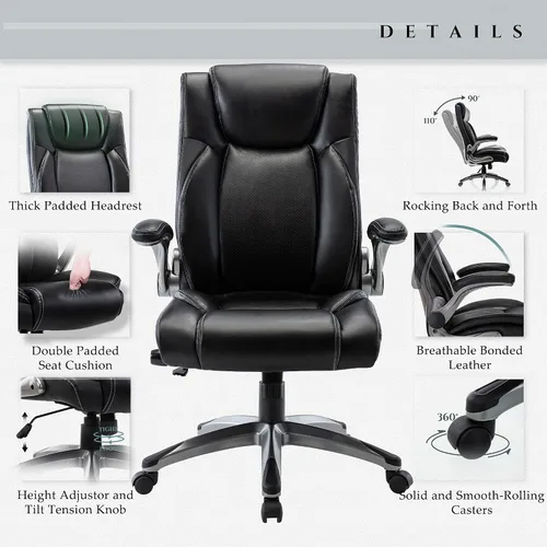 Miniatura 6 de MALOL Silla ergonómica de oficina ejecutiva con cuero grueso adherido, reposabrazos abatibles, respaldo alto, altura ajustable e inclinación