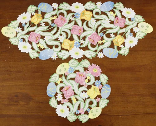 Miniatura 5 de Camino de mesa de Pascua, primavera, conejos, huevos, camino de mesa floral, bordado floral y conejos, huevos, bufanda, decoración de mesa