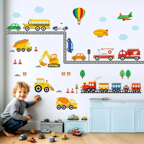 DECOWALL DS-8047 Calcomanías de pared de transporte para niños, despegar y pegar, extraíble, cuarto de bebé, dormitorio, construcción, niños, niños,
