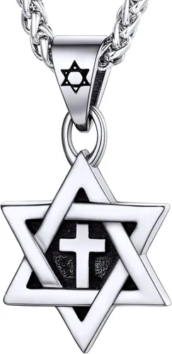 U7 - Collar con Estrella de David para hombres y mujeres, dije hexagonal de acero inoxidable con cruz/piedra de rubí/collares clásicos judíos de