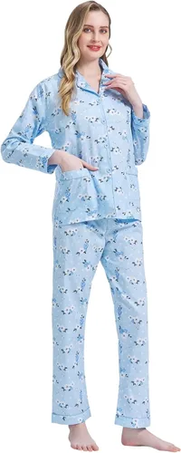 Miniatura 5 de Amaxer Conjunto de pijama 100% algodón para mujer, de manga larga, suave, con botones, con cordón elástico