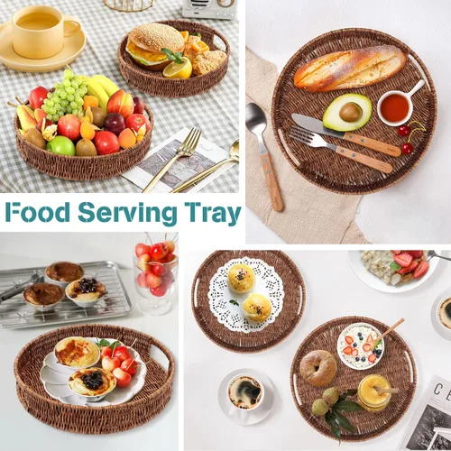 Miniatura 4 de SEDISON Bandeja de mimbre tejida a mano de 13.8 pulgadas para mesa de café, decoración de cocina, bandeja grande de ratán
