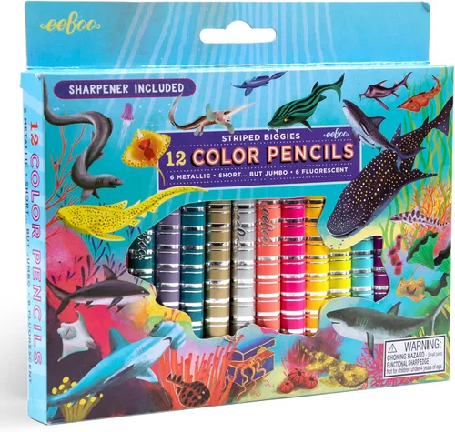 eeBoo: Rayas Biggies 12 lápices de colores: tiburón, juego de 12 piezas con 6 fluorescentes y 6 colores metálicos, incluye sacapuntas, suministros