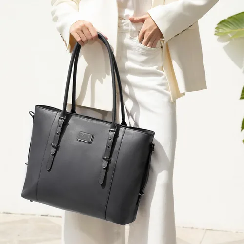 Miniatura 2 de MOSISO Bolso de mano de piel sintética para laptop para mujer (17-17.3 pulgadas), impermeable de gran capacidad, maletín de trabajo de negocios, Gris