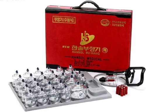 Hansol Equipamiento profesional para terapia con ventosas. Equipo de 30 ventosas con bomba con manija, con tubo alargador, y manual en inglés