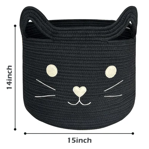 Miniatura 3 de VK VK·LIVING Cesta Grande de Juguetes para Gatos con Asas 15" L x 14" H Caja de Juguetes de Cuerda de Algodón con Diseño de Gato Negro, Cesta