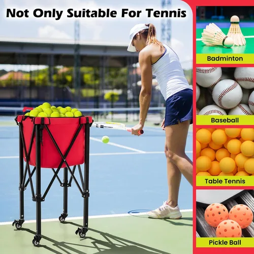Miniatura 6 de GYMAX Tolva de pelota de tenis, carrito plegable para 150 pelotas de tenis con bolsa de transporte, marco de fácil montaje, bolsa extraíble y 4 Rojo