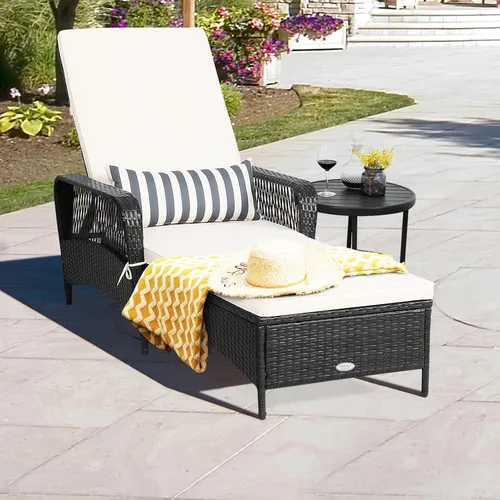 Miniatura 4 de HAPPYGRILL Tumbona de patio al aire libre de mimbre reclinable con cojín grueso, almohada lumbar, respaldo ajustable para jardín, porche, césped