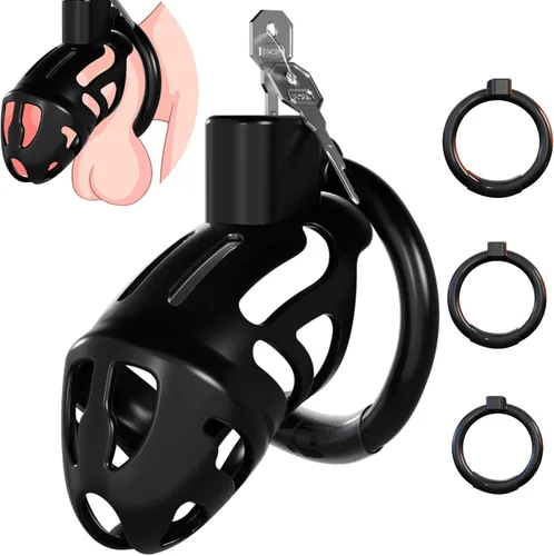 Jaula de Castidad Masculina Juguetes Sexuales - Jaula Ligera para Pene Dispositivo de Castidad con Anillos de 3 Tamaños y Cerradura Invisible,