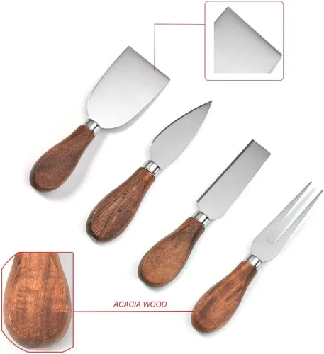 Miniatura 9 de Exquisito juego de cuchillos de queso de 4 piezas, colección completa de cuchillos de queso de acero inoxidable (mango de madera de acacia), listo