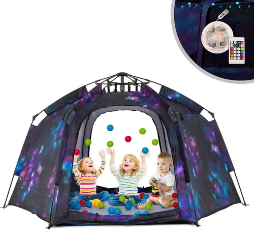 Miniatura 12 de Tienda de campaña hexagonal portátil para niños con tira de luces LED para interiores, casa de juegos para niños, tienda de campaña de ensueño