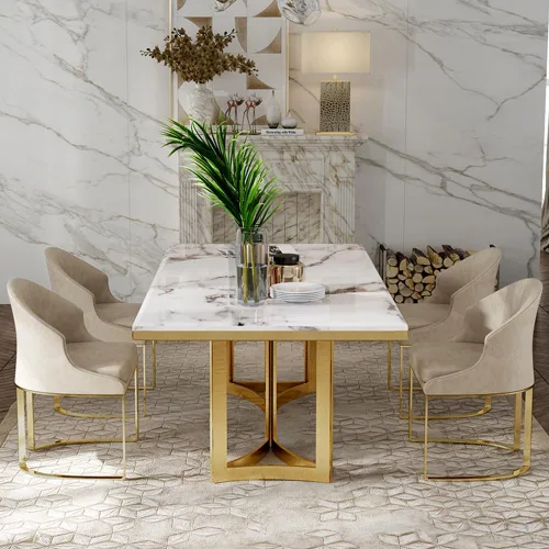 Miniatura 3 de POVISON Mesa de comedor de mármol para 6, mesa de comedor moderna de 71 pulgadas para cocina y comedor, mesa de mármol blanco de lujo con pedestal