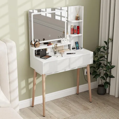 Miereirl Escritorio de tocador acanalado con espejo iluminado LED, 3 modos de color, patas de madera maciza de 31.5 pulgadas, mesa de tocador de
