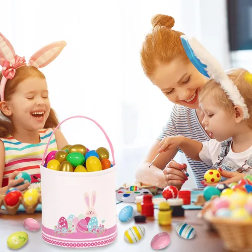 Miniatura 5 de LessMo - Canasta de conejito para huevos de Pascua, color rosa, bonita, personalizable, de lona y algodón, para búsqueda de huevos y regalos