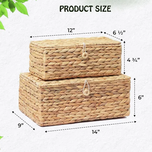 Miniatura 5 de LUSYDECO Juego de 2 contenedores rectangulares de mimbre con tapa, cestas decorativas de ratán, cajas de exhibición multiusos para organizador