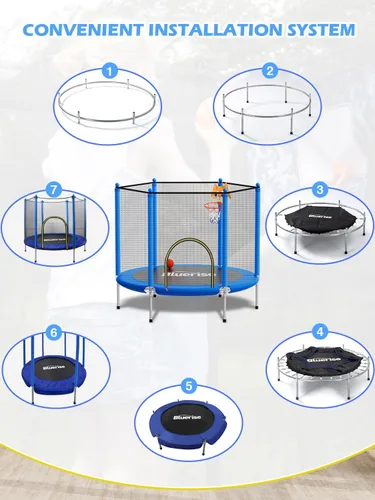 Miniatura 8 de Bluerise - Cama elástica de 55 pulgadas/6 pies, para niños, juego interior y exterior, con canasta de baloncesto para cama elástica, malla de Azul