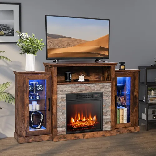 Miniatura 12 de Tangkula - Soporte de TV para chimenea eléctrica, chimenea eléctrica con repisa con luces LED de 16 colores, estantes de vidrio ajustables, control