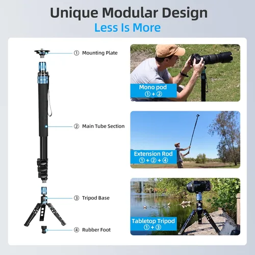 Miniatura 4 de SIRUI AM-404FL Monopod para cámara con pies, monopie de video de aluminio de 74.8 pulgadas con base extraíble, delgado y ligero, carga máxima