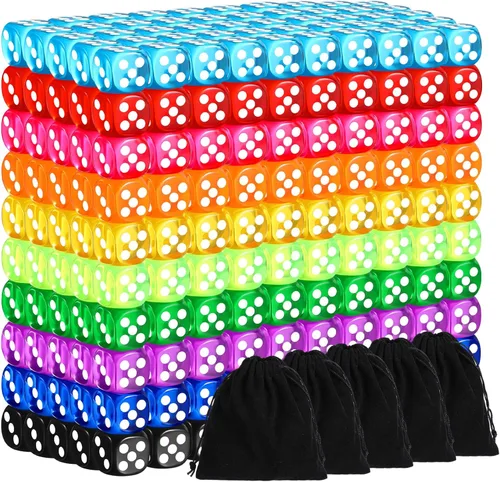 Simgoing Juego de 500 dados poliédricos de colores de 0.472 pulgadas, dados estándar de 6 caras con bolsa de cordón, mini dados transparentes para
