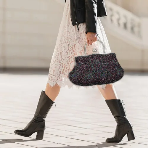 Miniatura 5 de Bolso de mano de noche con cuentas vintage para mujer, diseño vintage, lentejuelas, floral, asa superior, bolso de fiesta, boda, cartera, Púrpura