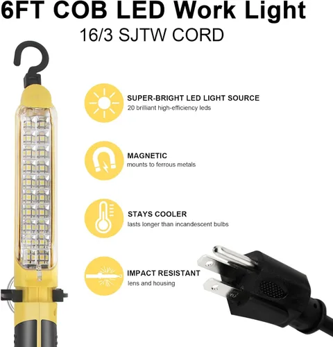 Miniatura 5 de Luz LED de Trabajo con Fuente de Luz LED COB Súper Brillante de 20, Luces de Trabajo Portátiles con Cable con Imán Fuerte, Gancho Giratorio Doble