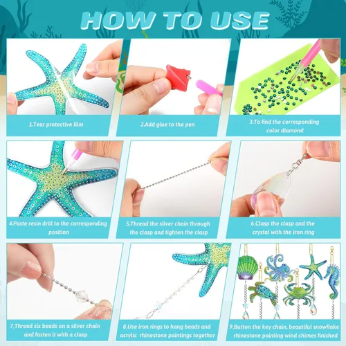 Miniatura 5 de Tradder Juego de 6 piezas de arte de diamantes para adultos, adorno de arte de diamante, campanillas de viento de doble cara con colgante de cristal