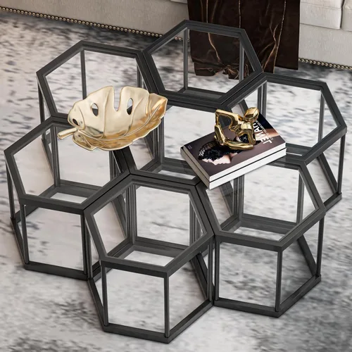 Miniatura 6 de Mesa de centro moderna de cristal, mesa de centro de cristal combinada, sin hexágonos, mesas auxiliares pequeñas con marco de metal para sala