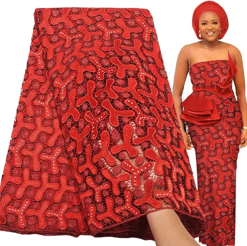 Miniatura 10 de Bestway Diamantes de imitación solubles en agua de moda Bordado con agujeros Tela de encaje africano 5 yardas Tela de estilo de fiesta de boda