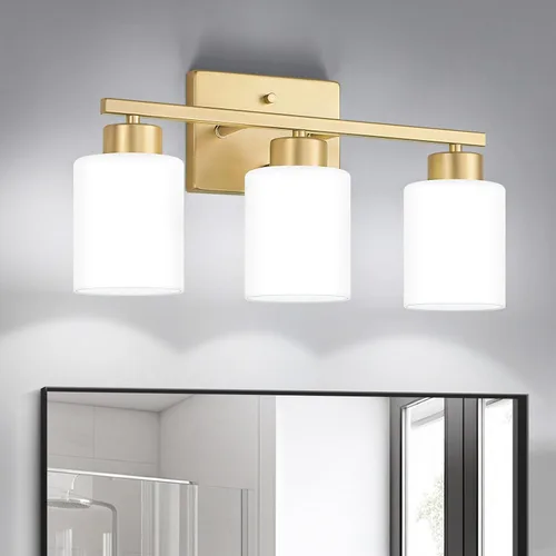 Miniatura 20 de FonmYim Lámpara de baño negra, lámpara de tocador moderna de 3 luces sobre espejo, apliques de pared con pantallas de vidrio esmerilado blanco