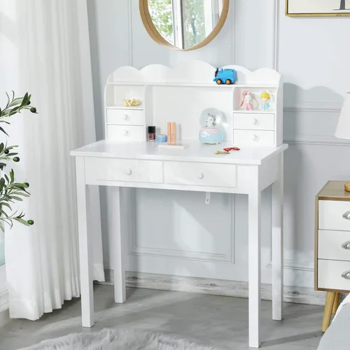 Miniatura 9 de ADORNEVE Pequeño Escritorio Blanco con Estante Superior y Puertos USB, Escritorio de Oficina en Casa de 31.5 Pulgadas con Cajones, Mesa de Estudio